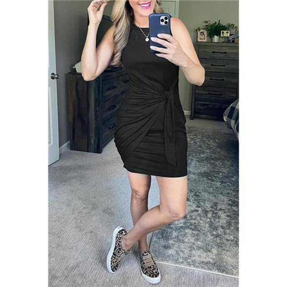 Women's Summer Casual Sleeveless Beach Tank Dress Bodycon Ruched Mini Dresses - Picture 4 of 5